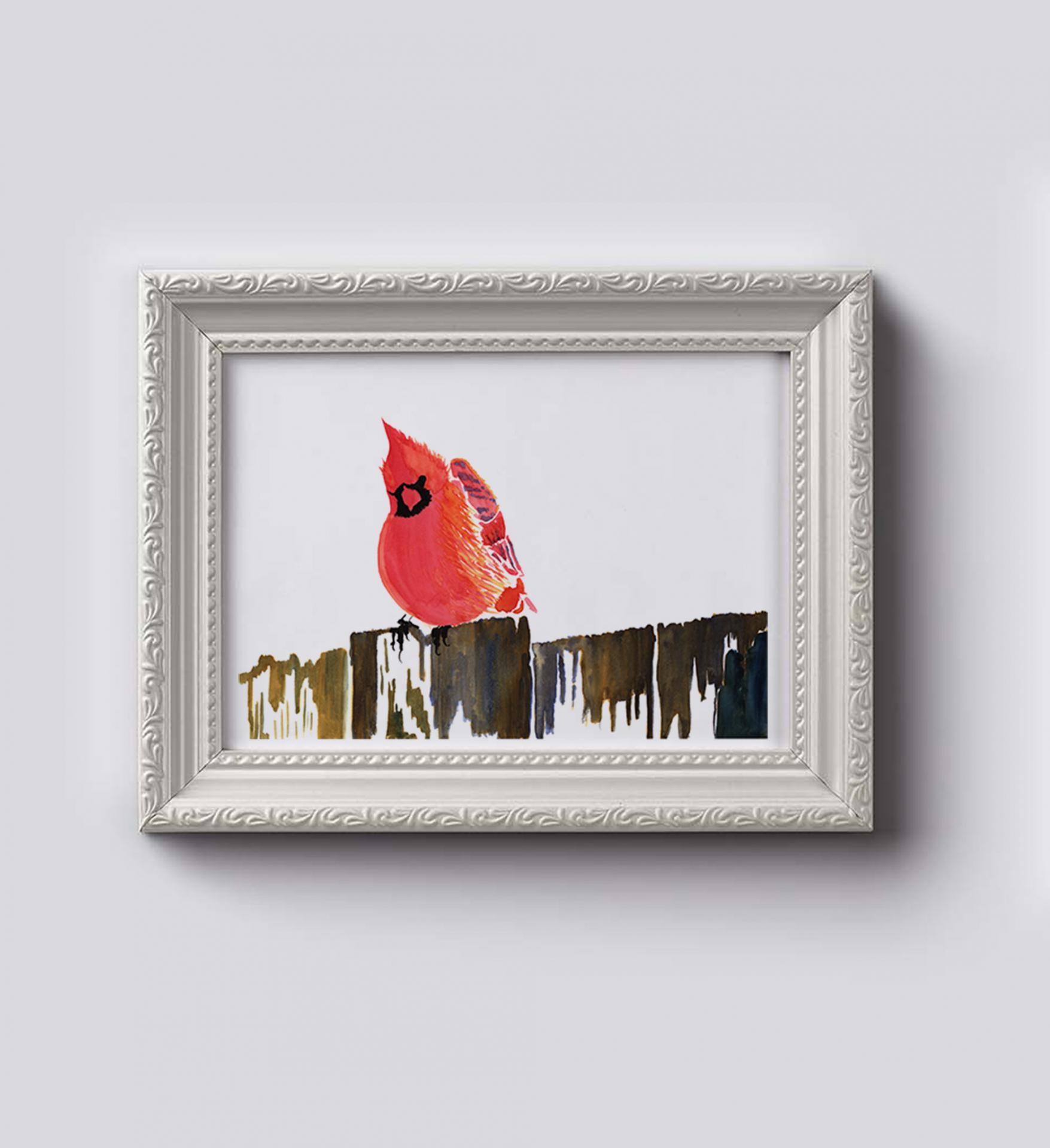 Winter Cardinal on Fence in Watercolor Art Print, Signed by Artist