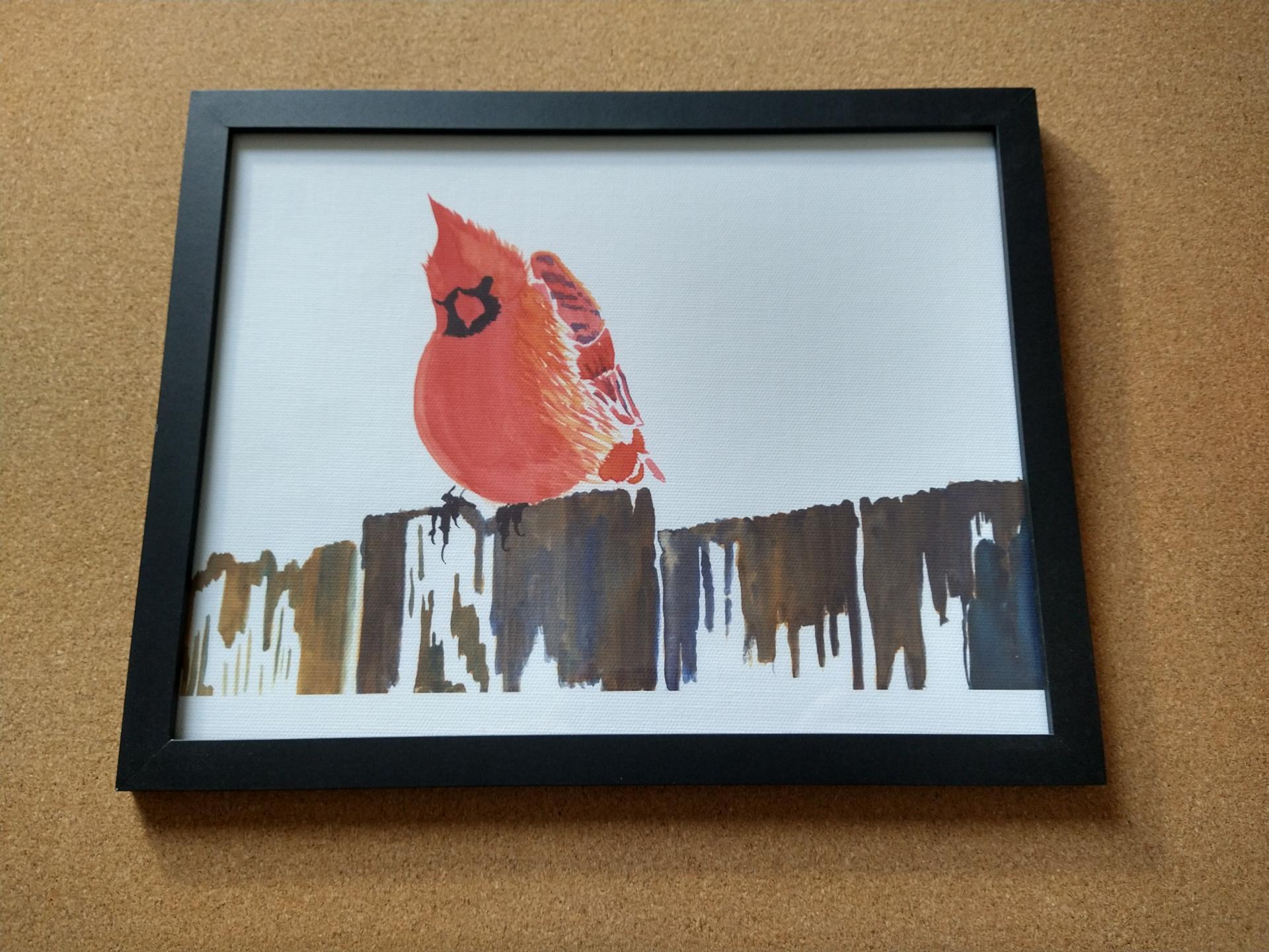 Winter Cardinal on Fence in Watercolor Art Print, Signed by Artist