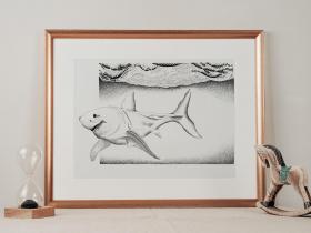 Great White Shark Under the Surf Art Print, Signed by Artist
