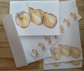 Pear Stationery Set w/ 5 or 10 Note/Greeting Cards, Stationery Paper, sticker seals, w/ Envelopes