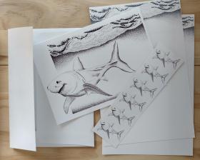 Shark Stationery Set w/5 or 10 Note/Greeting Cards, Stationery Paper, Sticker Seals, w/ Envelopes