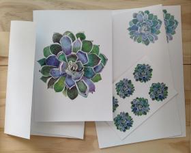 Succulent Stationery Set w/5 or 10 Note/Greeting Cards, Stationery Paper, Sticker Seals, w/ Envelopes