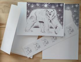 Polar Bear Stationery Set w/ Set of 5 or 10 Note/Greeting Cards, Stationery Paper, Sticker Seals, w/ Envelopes