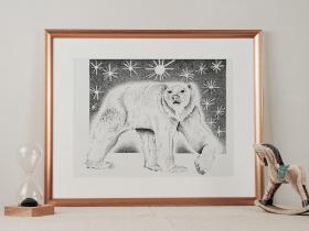 Polar Bear Under Starry Sky Art Print, Signed by Artist